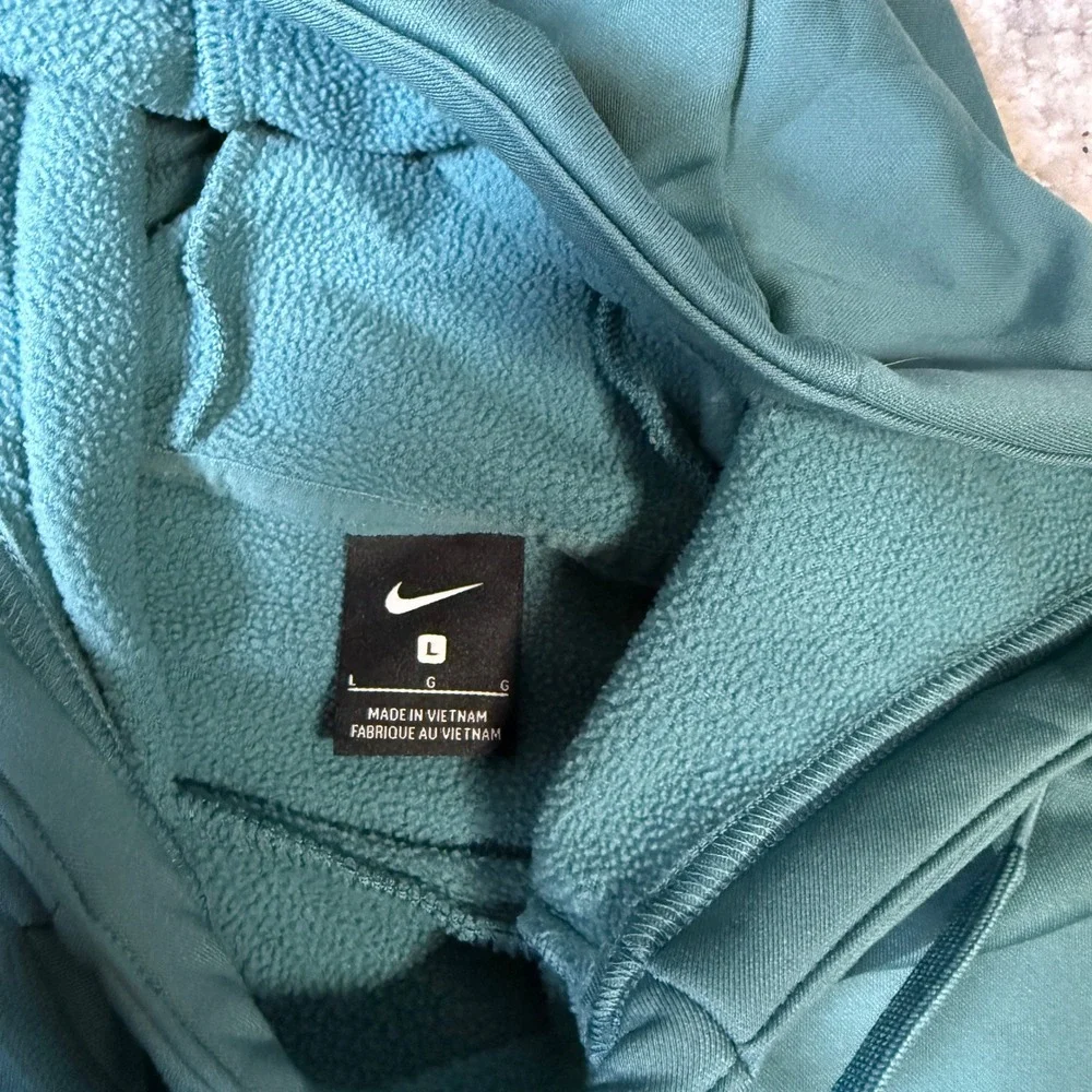 Nike Womens Therma-FIT‎ Fleece Hoodie Teal Green Script Logo Sweatshirt Large